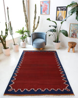 Vintage kilim rug in living room setting, bright colors, wild shaman, soft rug, bold color, Portland, Oregon, rug store, rug shop, local shop, vintage rug, modern kilim, warm colors, antique kilim rug