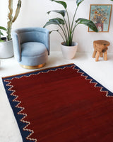 Vintage kilim rug in living room setting, bright colors, wild shaman, soft rug, bold color, Portland, Oregon, rug store, rug shop, local shop, vintage rug, modern kilim, warm colors, antique kilim rug