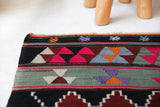 Vintage kilim rug in living room setting, bright colors, wild shaman, soft rug, bold color, Portland, Oregon, rug store, rug shop, local shop, vintage rug, modern kilim, warm colors