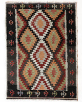 Vintage kilim rug in room decor setting, old rug, antique rug, pastel colors, faded colors, Turkish rug, vintage rug, soft rug, Portland, Oregon, rug store, rug shop, local shop, antique kilim rug, bold colors, bright colors, faded colors
