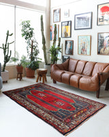 Vintage Turkish rug in a living room setting, pile rug, Turkish rug, vintage rug, portland, rug shop, bright colors, wild shaman, soft rug, bold color, Portland, Oregon, rug store, rug shop, local shop, antique rug