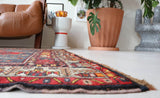 Vintage Turkish rug in a living room setting, pile rug, Turkish rug, vintage rug, portland, rug shop, bright colors, wild shaman, soft rug, bold color, Portland, Oregon, rug store, rug shop, local shop, antique rug
