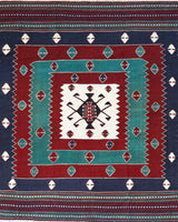 Vintage kilim rug in living room setting, bright colors, wild shaman, soft rug, bold color, Portland, Oregon, rug store, rug shop, local shop, vintage rug, modern kilim, warm colors, antique kilim rug