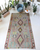 Vintage kilim rug in living room setting, old rug, antique rug, pastel colors, faded colors, Turkish rug, vintage rug, soft rug, Portland, Oregon, rug store, rug shop, local shop, earthy tones, earthy colors, warm colors