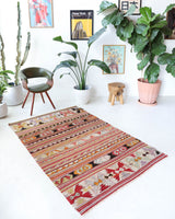 Vintage kilim rug in living room setting, old rug, antique rug, pastel colors, faded colors, Turkish rug, vintage rug, soft rug, Portland, Oregon, rug store, rug shop, local shop, earthy tones, earthy colors, warm colors