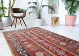 Vintage kilim rug in living room setting, old rug, antique rug, pastel colors, faded colors, Turkish rug, vintage rug, soft rug, Portland, Oregon, rug store, rug shop, local shop, earthy tones, earthy colors, warm colors