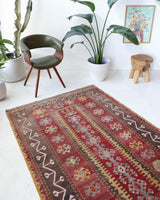 Vintage kilim rug in living room setting, old rug, antique rug, pastel colors, faded colors, Turkish rug, vintage rug, soft rug, Portland, Oregon, rug store, rug shop, local shop, earthy tones, earthy colors, warm colors