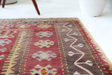 Vintage kilim rug in living room setting, old rug, antique rug, pastel colors, faded colors, Turkish rug, vintage rug, soft rug, Portland, Oregon, rug store, rug shop, local shop, earthy tones, earthy colors, warm colors