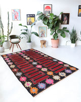 Vintage kilim rug in living room setting, bright colors, wild shaman, soft rug, bold color, Portland, Oregon, rug store, rug shop, local shop, vintage rug, modern kilim, warm colors, antique kilim rug