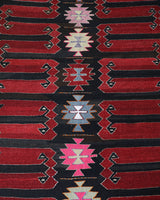 Vintage kilim rug in living room setting, bright colors, wild shaman, soft rug, bold color, Portland, Oregon, rug store, rug shop, local shop, vintage rug, modern kilim, warm colors, antique kilim rug