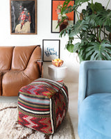 Floor pouf in a living room setting, pillow, turkish pillow, kilim pillow, home decor, decorative pillow, sham, rug pillow, decor, home decor, pouf, floor cushion, cushion, Portland, rugshop, Oregon, Wild Shaman, ottoman