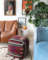 Floor pouf in a living room setting, pillow, turkish pillow, kilim pillow, home decor, decorative pillow, sham, rug pillow, decor, home decor, pouf, floor cushion, cushion, Portland, rugshop, Oregon, Wild Shaman, ottoman