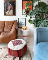 Floor pouf in a living room setting, pillow, turkish pillow, kilim pillow, home decor, decorative pillow, sham, rug pillow, decor, home decor, pouf, floor cushion, cushion, Portland, rugshop, Oregon, Wild Shaman, ottoman