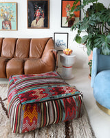 Floor pouf in a living room setting, pillow, turkish pillow, kilim pillow, home decor, decorative pillow, sham, rug pillow, decor, home decor, pouf, floor cushion, cushion, Portland, rugshop, Oregon, Wild Shaman, ottoman