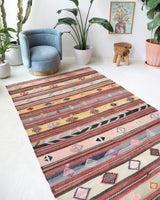 Vintage kilim rug in room decor setting, old rug, antique rug, pastel colors, faded colors, Turkish rug, vintage rug, soft rug, Portland, Oregon, rug store, rug shop, local shop, antique kilim rug, bold colors, bright colors, faded colors