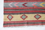 Vintage kilim rug in room decor setting, old rug, antique rug, pastel colors, faded colors, Turkish rug, vintage rug, soft rug, Portland, Oregon, rug store, rug shop, local shop, antique kilim rug, bold colors, bright colors, faded colors