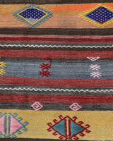 Vintage kilim rug in room decor setting, old rug, antique rug, pastel colors, faded colors, Turkish rug, vintage rug, soft rug, Portland, Oregon, rug store, rug shop, local shop, antique kilim rug, bold colors, bright colors, faded colors