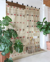 Vintage kilim rug in living room setting, old rug, antique rug, pastel colors, faded colors, Turkish rug, vintage rug, soft rug, Portland, Oregon, rug store, rug shop, local shop, earthy tones, earthy colors, warm colors