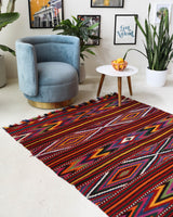 Vintage kilim rug in living room setting, bright colors, wild shaman, soft rug, bold color, Portland, Oregon, rug store, rug shop, local shop, vintage rug, modern kilim, warm colors