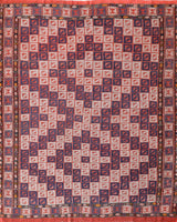 Vintage kilim rug in room decor setting, old rug, antique rug, pastel colors, faded colors, Turkish rug, vintage rug, soft rug, Portland, Oregon, rug store, rug shop, local shop, antique kilim rug, bold colors, bright colors, faded colors