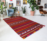 Vintage kilim rug in living room setting, bright colors, wild shaman, soft rug, bold color, Portland, Oregon, rug store, rug shop, local shop, vintage rug, modern kilim, warm colors