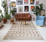 Vintage kilim rug in living room setting, old rug, antique rug, pastel colors, faded colors, Turkish rug, vintage rug, soft rug, Portland, Oregon, rug store, rug shop, local shop, earthy tones, earthy colors, warm colors