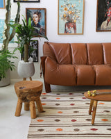 Vintage kilim rug in living room setting, old rug, antique rug, pastel colors, faded colors, Turkish rug, vintage rug, soft rug, Portland, Oregon, rug store, rug shop, local shop, earthy tones, earthy colors, warm colors