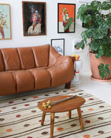 Vintage kilim rug in living room setting, old rug, antique rug, pastel colors, faded colors, Turkish rug, vintage rug, soft rug, Portland, Oregon, rug store, rug shop, local shop, earthy tones, earthy colors, warm colors