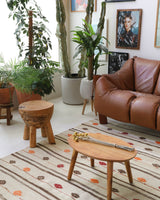 Vintage kilim rug in living room setting, old rug, antique rug, pastel colors, faded colors, Turkish rug, vintage rug, soft rug, Portland, Oregon, rug store, rug shop, local shop, earthy tones, earthy colors, warm colors