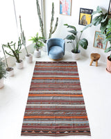 Vintage kilim rug in living room setting, old rug, antique rug, pastel colors, faded colors, Turkish rug, vintage rug, soft rug, Portland, Oregon, rug store, rug shop, local shop, earthy tones, earthy colors, warm colors