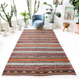 Vintage kilim rug in living room setting, old rug, antique rug, pastel colors, faded colors, Turkish rug, vintage rug, soft rug, Portland, Oregon, rug store, rug shop, local shop, earthy tones, earthy colors, warm colors
