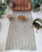 Vintage kilim rug in living room setting, old rug, antique rug, pastel colors, faded colors, Turkish rug, vintage rug, soft rug, Portland, Oregon, rug store, rug shop, local shop, earthy tones, earthy colors, warm colors