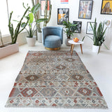 Vintage kilim rug in living room setting, old rug, antique rug, pastel colors, faded colors, Turkish rug, vintage rug, soft rug, Portland, Oregon, rug store, rug shop, local shop, earthy tones, earthy colors, warm colors