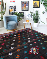 Vintage kilim rug in living room setting, bright colors, wild shaman, soft rug, bold color, Portland, Oregon, rug store, rug shop, local shop, vintage rug, modern kilim, warm colors