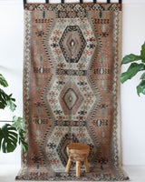 Vintage kilim rug in living room setting, old rug, antique rug, pastel colors, faded colors, Turkish rug, vintage rug, soft rug, Portland, Oregon, rug store, rug shop, local shop, earthy tones, earthy colors, warm colors