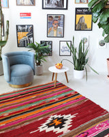 Vintage kilim rug in living room setting, bright colors, wild shaman, soft rug, bold color, Portland, Oregon, rug store, rug shop, local shop, vintage rug, modern kilim, warm colors