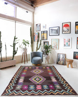 Vintage kilim rug in living room setting, bright colors, wild shaman, soft rug, bold color, Portland, Oregon, rug store, rug shop, local shop, vintage rug, modern kilim, warm colors