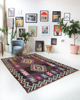 Vintage kilim rug in living room setting, bright colors, wild shaman, soft rug, bold color, Portland, Oregon, rug store, rug shop, local shop, vintage rug, modern kilim, warm colors
