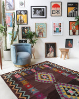 Vintage kilim rug in living room setting, bright colors, wild shaman, soft rug, bold color, Portland, Oregon, rug store, rug shop, local shop, vintage rug, modern kilim, warm colors
