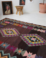 Vintage kilim rug in living room setting, bright colors, wild shaman, soft rug, bold color, Portland, Oregon, rug store, rug shop, local shop, vintage rug, modern kilim, warm colors