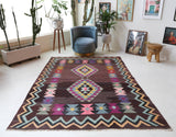 Vintage kilim rug in living room setting, bright colors, wild shaman, soft rug, bold color, Portland, Oregon, rug store, rug shop, local shop, vintage rug, modern kilim, warm colors