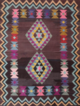 Vintage kilim rug in living room setting, bright colors, wild shaman, soft rug, bold color, Portland, Oregon, rug store, rug shop, local shop, vintage rug, modern kilim, warm colors