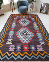 Vintage kilim rug in living room setting, bright colors, wild shaman, soft rug, bold color, Portland, Oregon, rug store, rug shop, local shop, vintage rug, modern kilim, warm colors