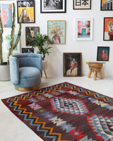 Vintage kilim rug in living room setting, bright colors, wild shaman, soft rug, bold color, Portland, Oregon, rug store, rug shop, local shop, vintage rug, modern kilim, warm colors