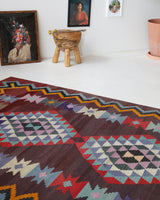 Vintage kilim rug in living room setting, bright colors, wild shaman, soft rug, bold color, Portland, Oregon, rug store, rug shop, local shop, vintage rug, modern kilim, warm colors