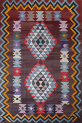 Vintage kilim rug in living room setting, bright colors, wild shaman, soft rug, bold color, Portland, Oregon, rug store, rug shop, local shop, vintage rug, modern kilim, warm colors