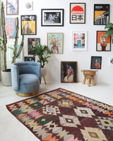 Vintage kilim rug in living room setting, bright colors, wild shaman, soft rug, bold color, Portland, Oregon, rug store, rug shop, local shop, vintage rug, modern kilim, warm colors