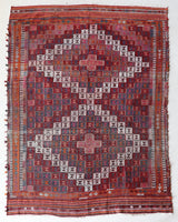 Vintage kilim rug in living room setting, bright colors, wild shaman, soft rug, bold color, Portland, Oregon, rug store, rug shop, local shop, vintage rug, modern kilim, warm colors