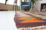 Vintage kilim rug in living room setting, bright colors, wild shaman, soft rug, bold color, Portland, Oregon, rug store, rug shop, local shop, vintage rug, modern kilim, warm colors