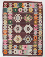 Vintage kilim rug in living room setting, bright colors, wild shaman, soft rug, bold color, Portland, Oregon, rug store, rug shop, local shop, vintage rug, modern kilim, warm colors